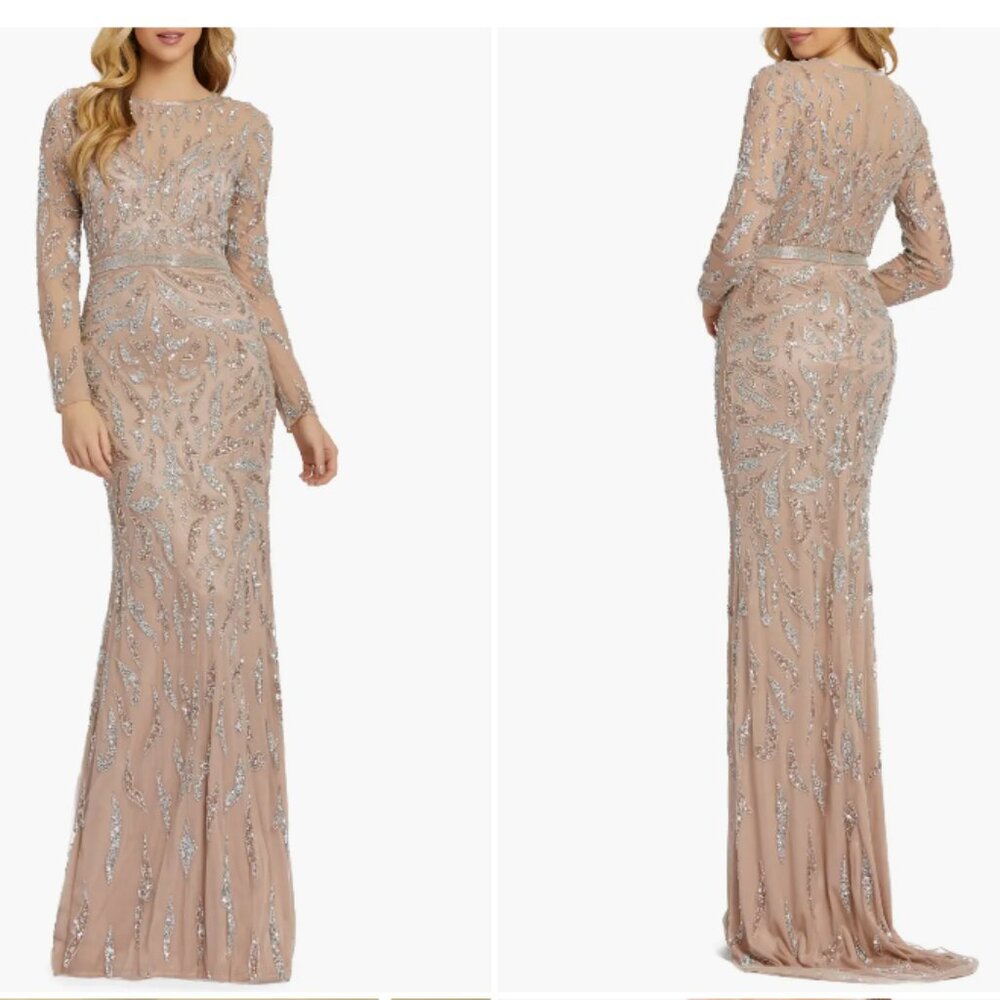 MAC DUGGAL 5124 BEADED LONG SLEEVE MOCHA EVENING GOWN sz 6